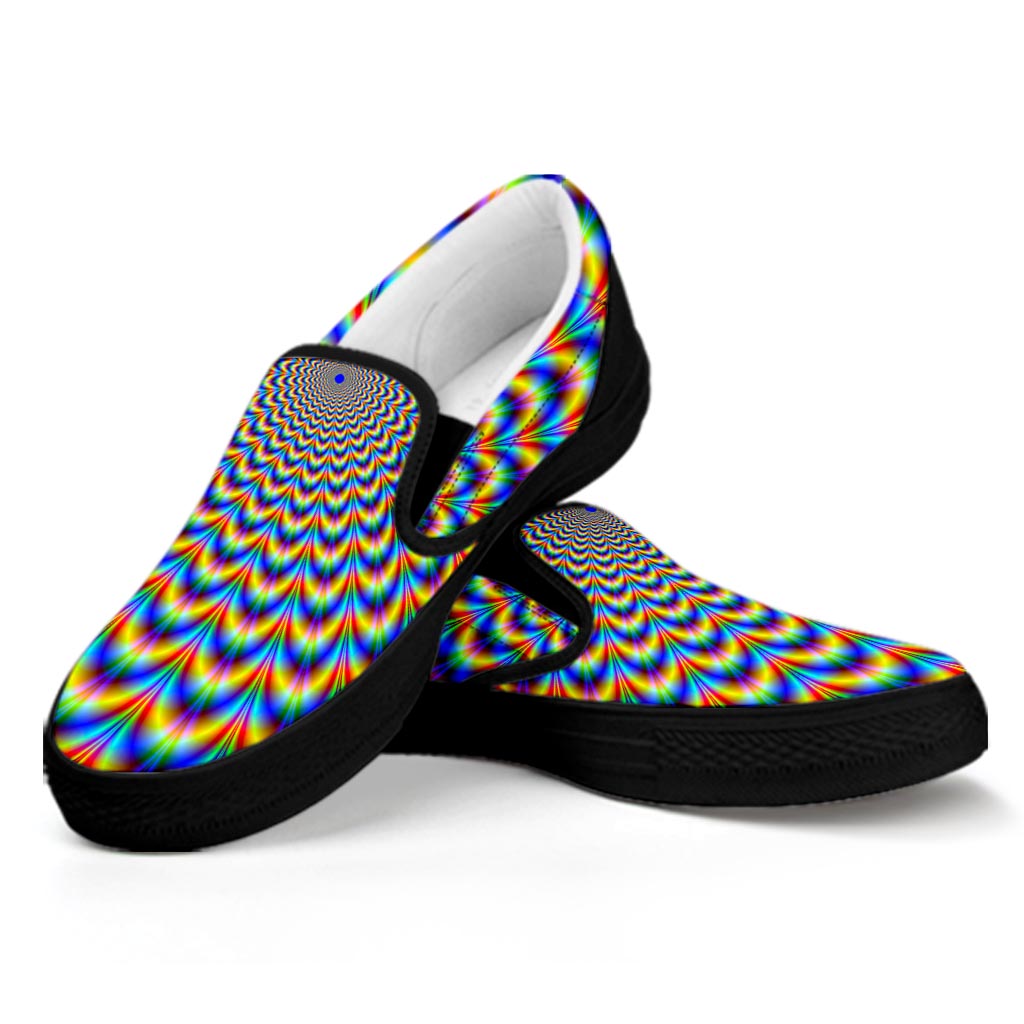 Psychedelic Wave Optical Illusion Black Slip On Sneakers