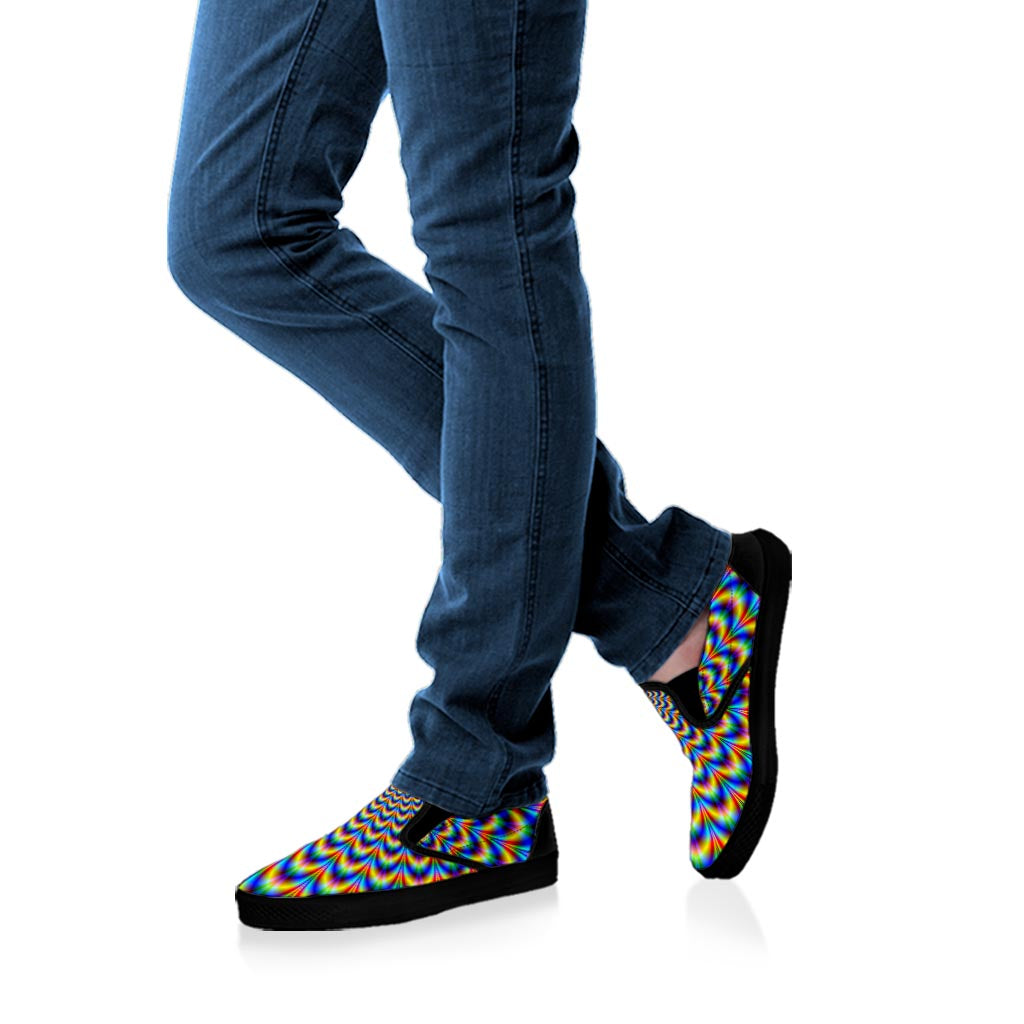 Psychedelic Wave Optical Illusion Black Slip On Sneakers
