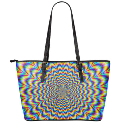 Psychedelic Wave Optical Illusion Leather Tote Bag
