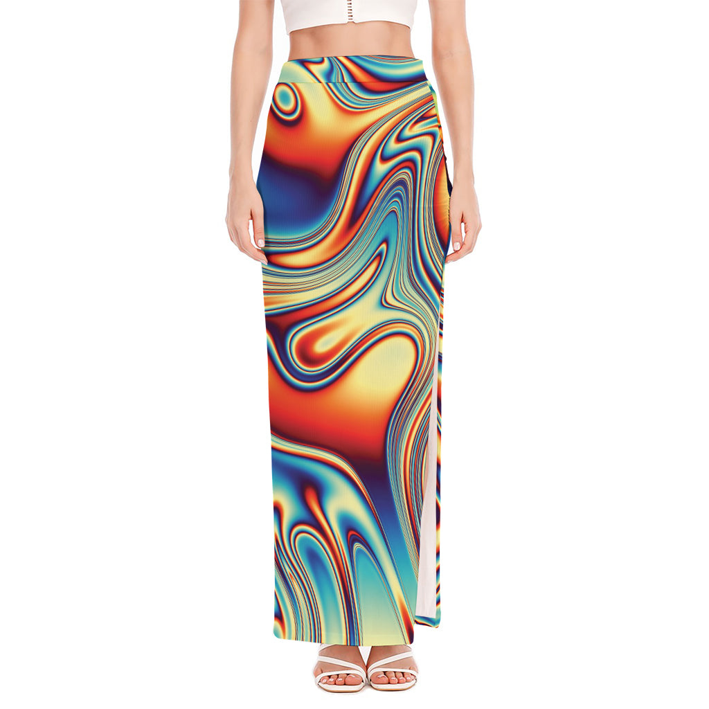 Psychedelic Wave Print High Slit Maxi Skirt