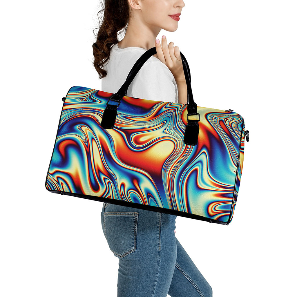 Psychedelic Wave Print Leather Duffle Bag