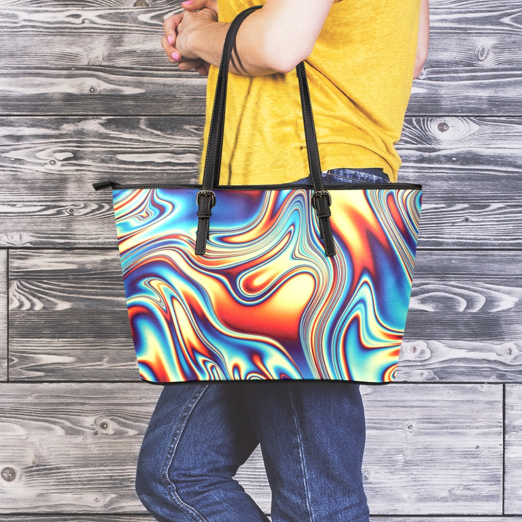 Psychedelic Wave Print Leather Tote Bag