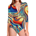 Psychedelic Wave Print Long Sleeve Swimsuit