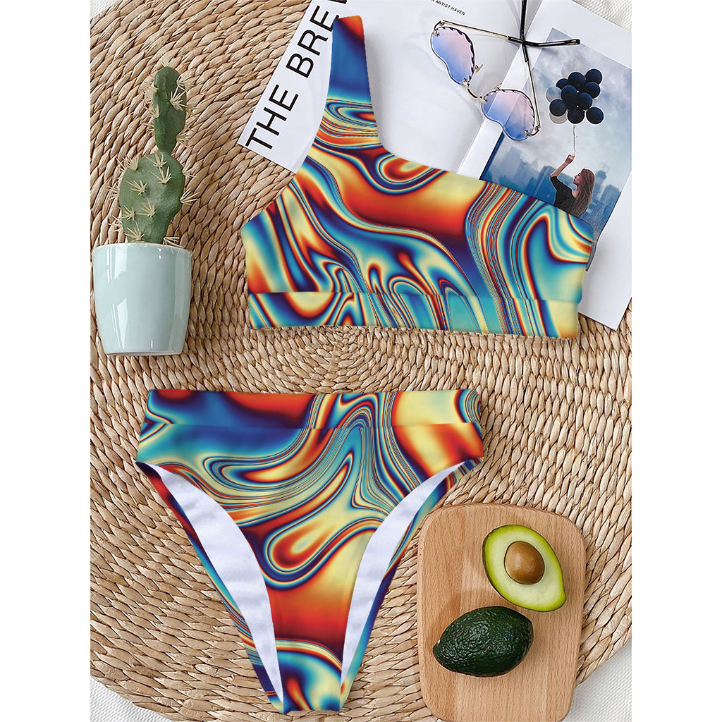 Psychedelic Wave Print One Shoulder Bikini Top