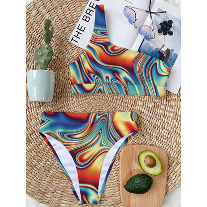 Psychedelic Wave Print One Shoulder Bikini Top
