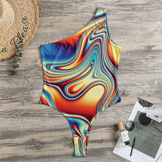 Psychedelic Wave Print One Shoulder Bodysuit