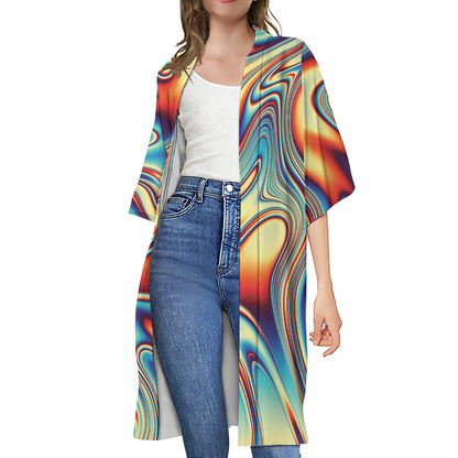 Psychedelic Wave Print Open Front Beach Cover Up