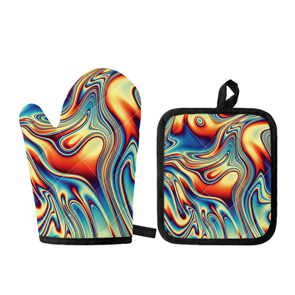 Psychedelic Wave Print Oven Mitt And Pot Holder Set