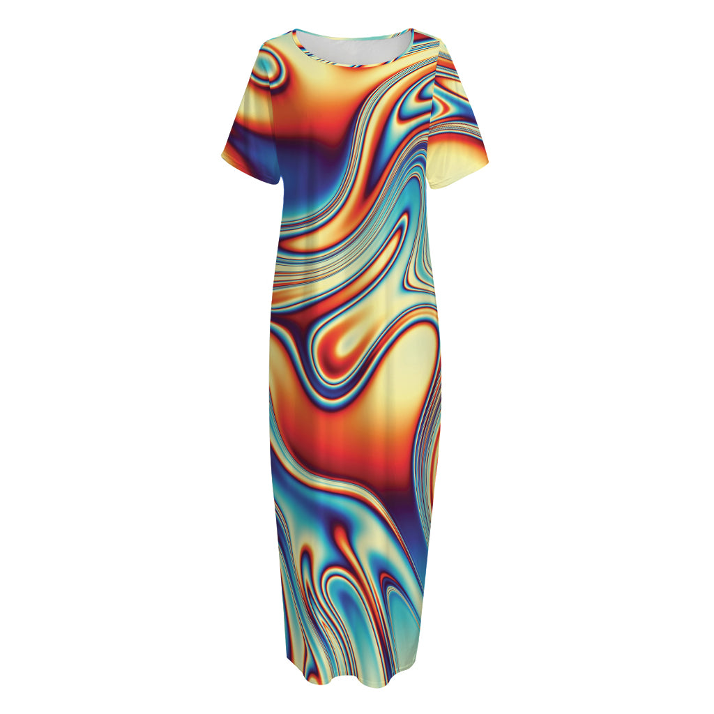 Psychedelic Wave Print Short Sleeve Long Nightdress