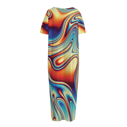 Psychedelic Wave Print Short Sleeve Long Nightdress