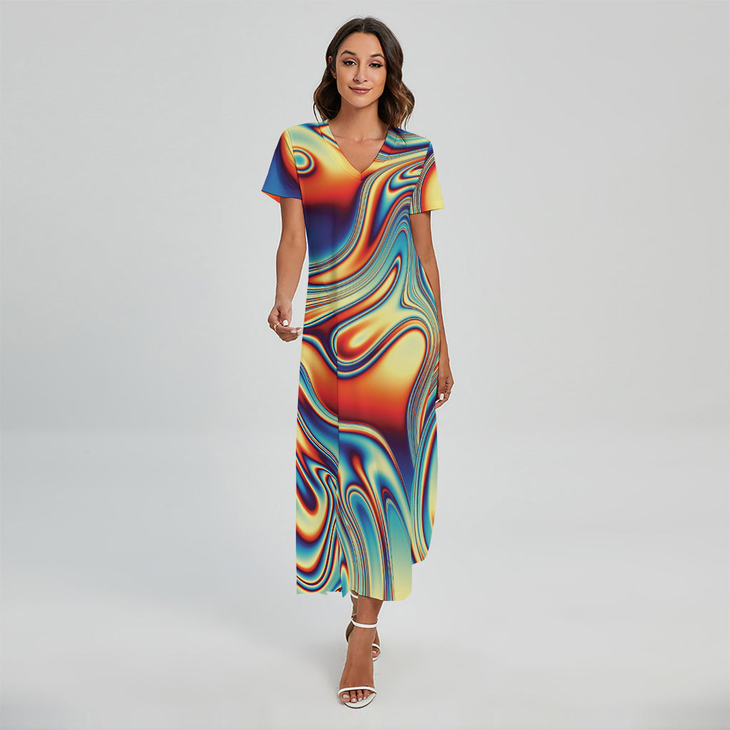 Psychedelic Wave Print Short Sleeve Maxi Dress