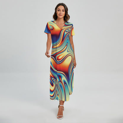 Psychedelic Wave Print Short Sleeve Maxi Dress