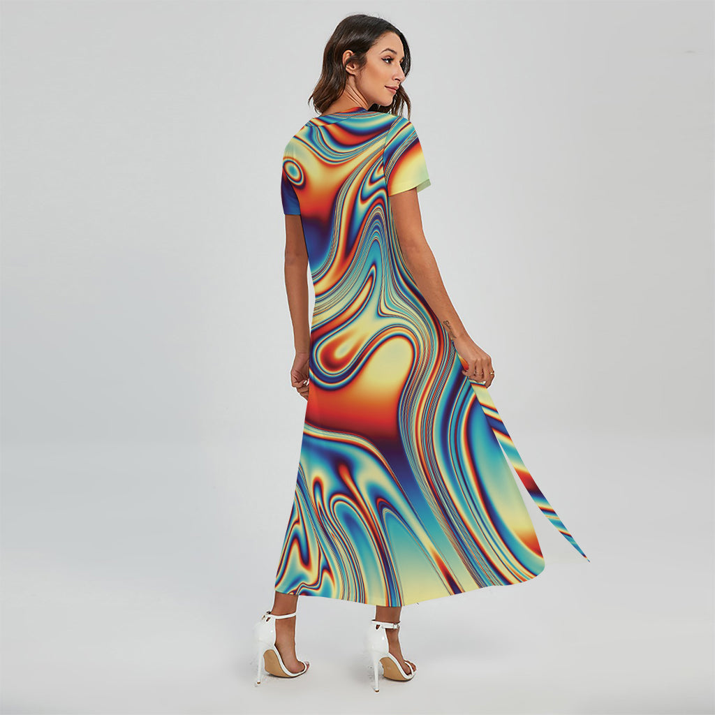 Psychedelic Wave Print Short Sleeve Maxi Dress