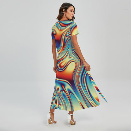 Psychedelic Wave Print Short Sleeve Maxi Dress