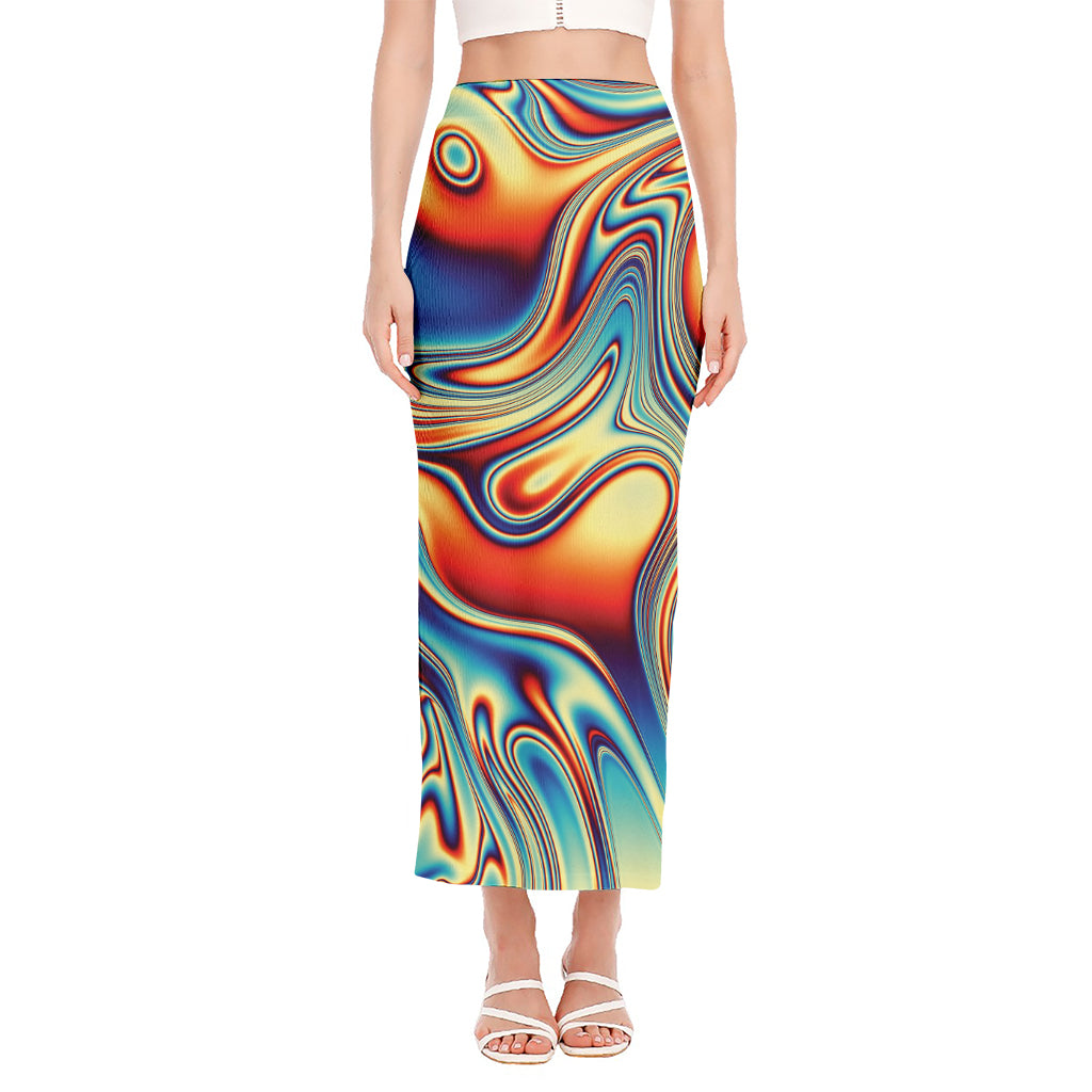 Psychedelic Wave Print Side Slit Maxi Skirt