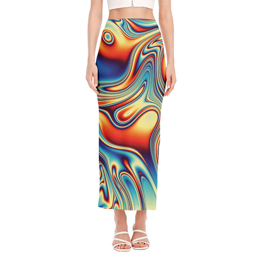 Psychedelic Wave Print Side Slit Maxi Skirt