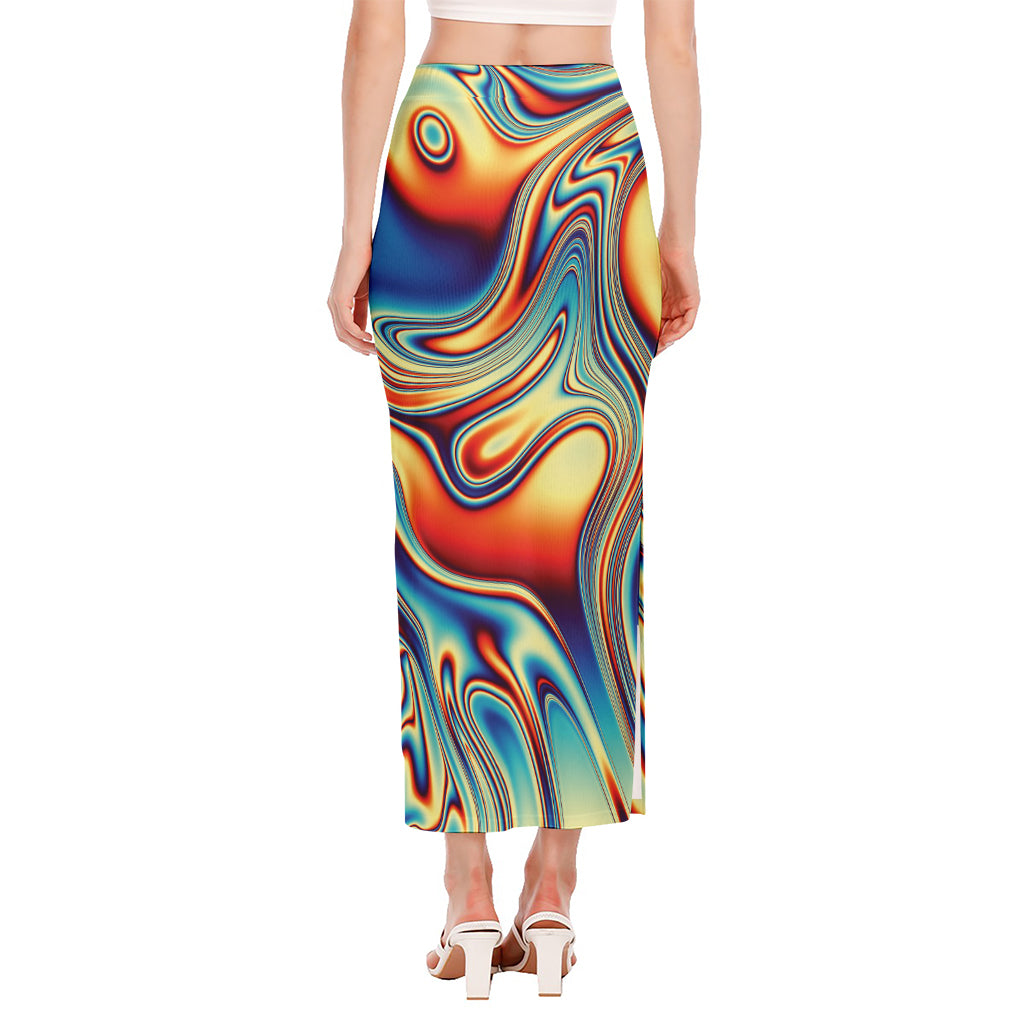 Psychedelic Wave Print Side Slit Maxi Skirt