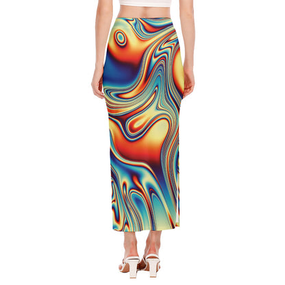 Psychedelic Wave Print Side Slit Maxi Skirt