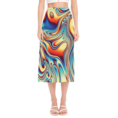 Psychedelic Wave Print Side Slit Midi Skirt