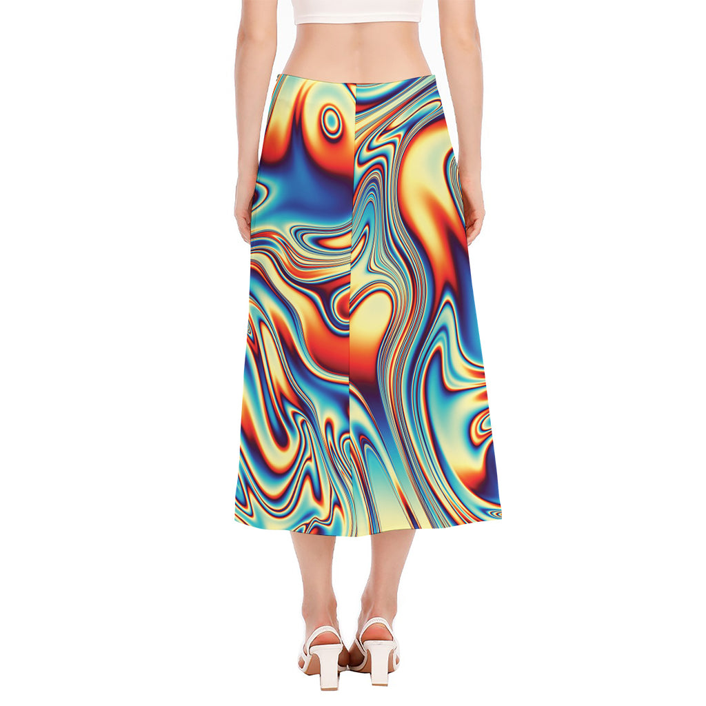 Psychedelic Wave Print Side Slit Midi Skirt
