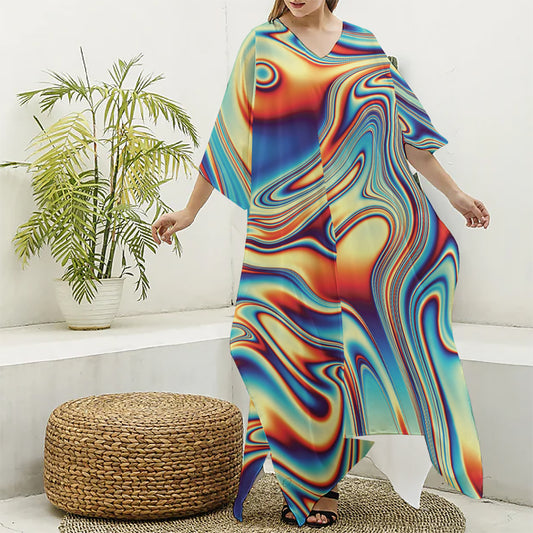 Psychedelic Wave Print Silk V-Neck Kaftan Dress