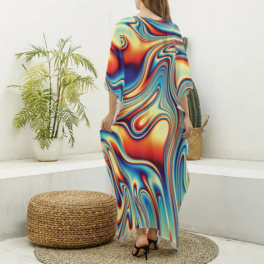 Psychedelic Wave Print Silk V-Neck Kaftan Dress