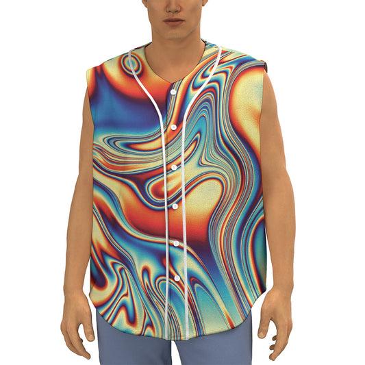 Psychedelic Wave Print Sleeveless Baseball Jersey