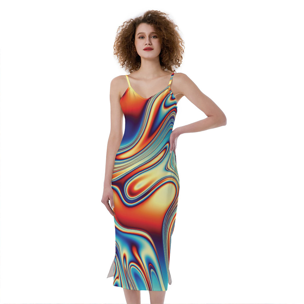 Psychedelic Wave Print Slim Fit Midi Cami Dress