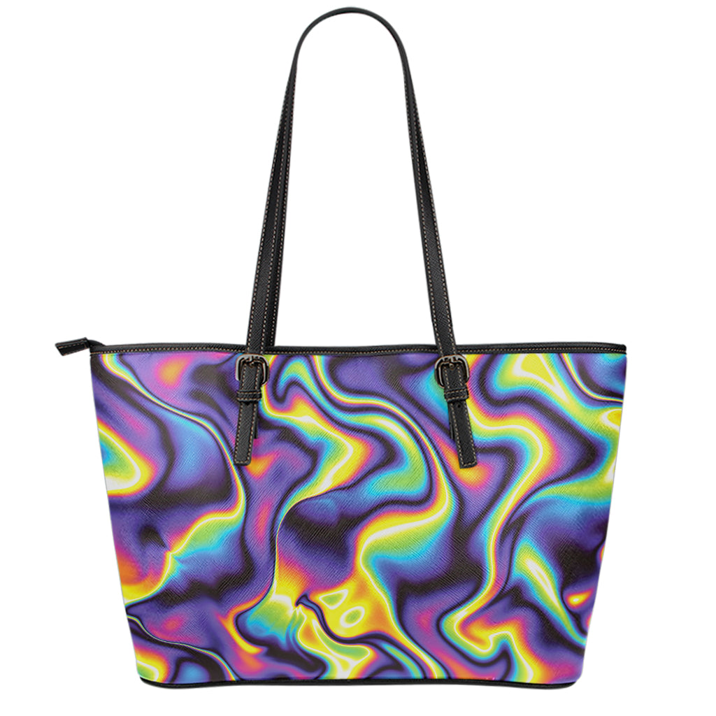 Psychedelic Wavy Print Leather Tote Bag