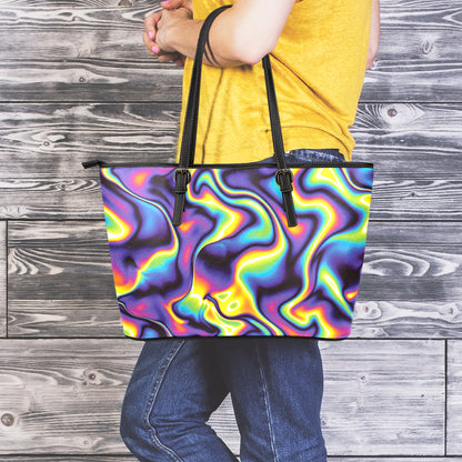 Psychedelic Wavy Print Leather Tote Bag