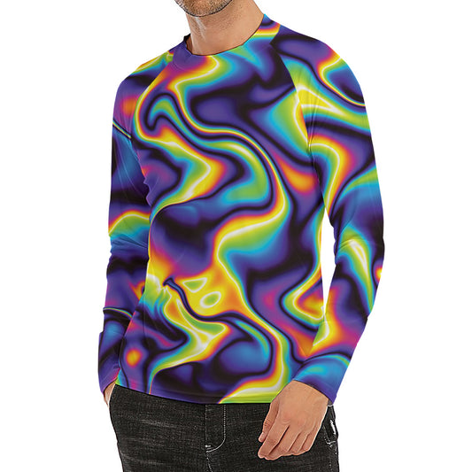 Psychedelic Wavy Print Men's Long Sleeve Rash Guard