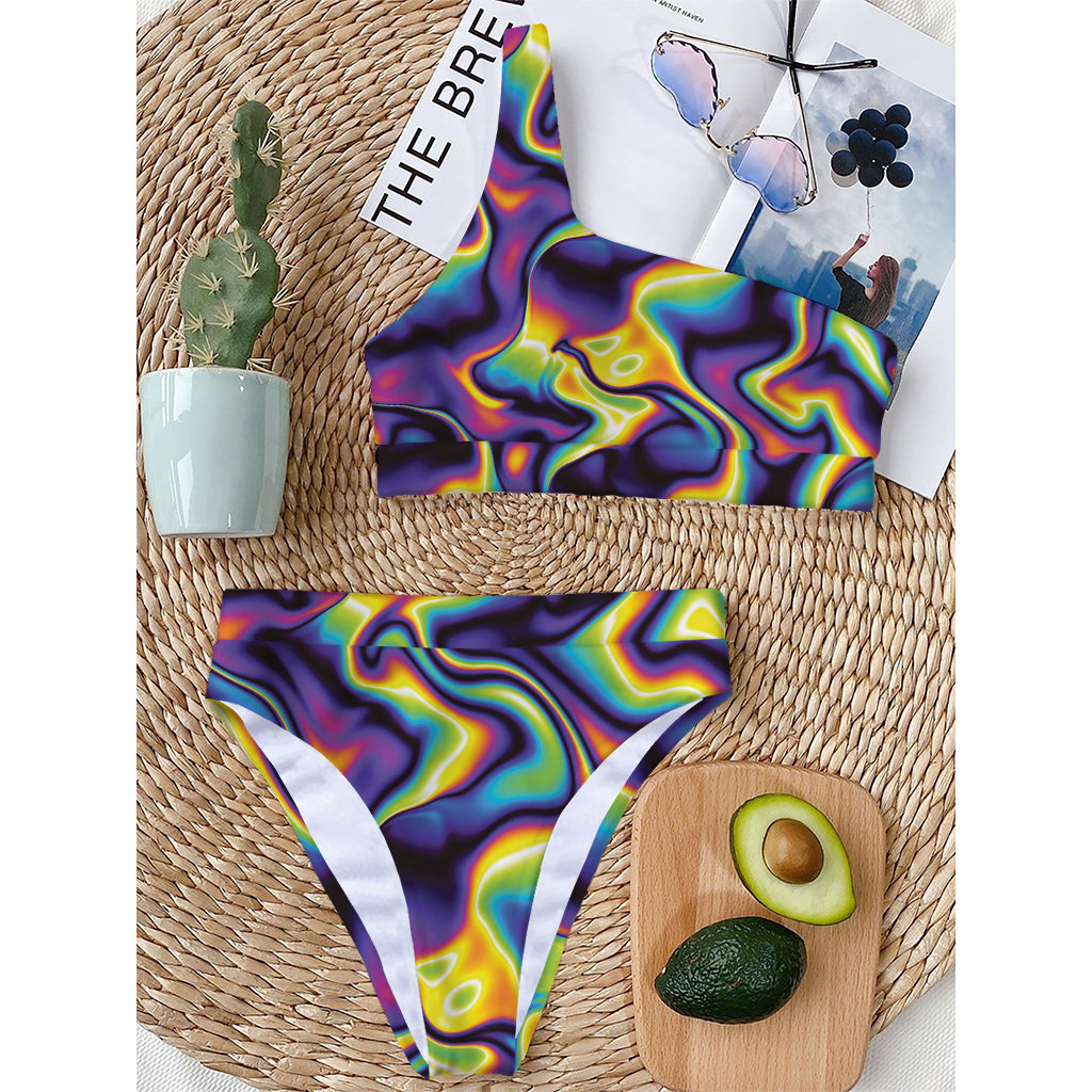Psychedelic Wavy Print One Shoulder Bikini Top