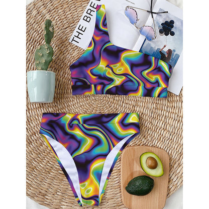 Psychedelic Wavy Print One Shoulder Bikini Top