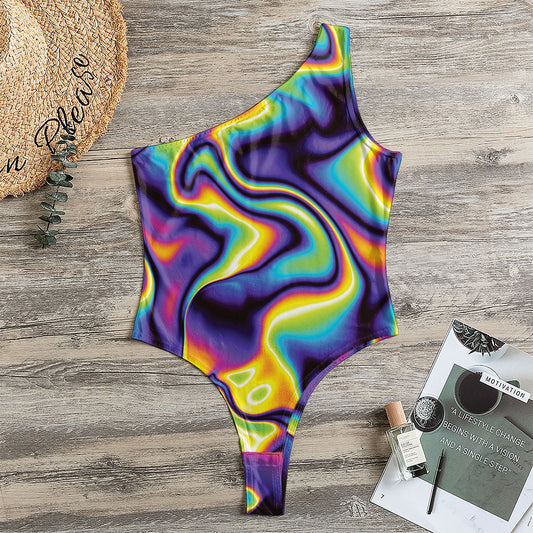 Psychedelic Wavy Print One Shoulder Bodysuit