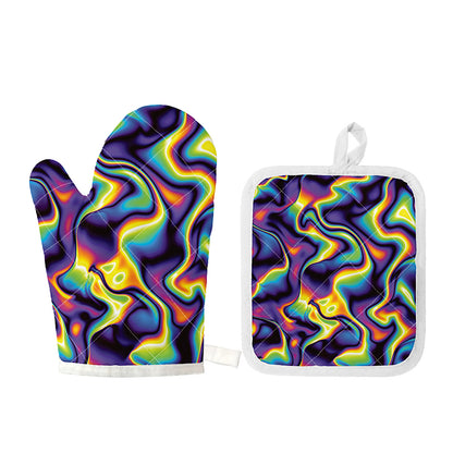 Psychedelic Wavy Print Oven Mitt And Pot Holder Set