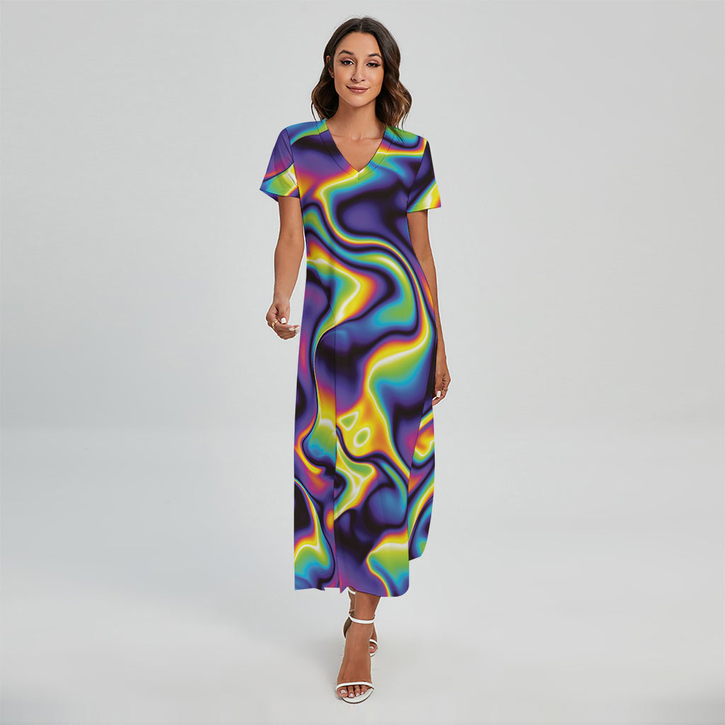Psychedelic Wavy Print Short Sleeve Maxi Dress