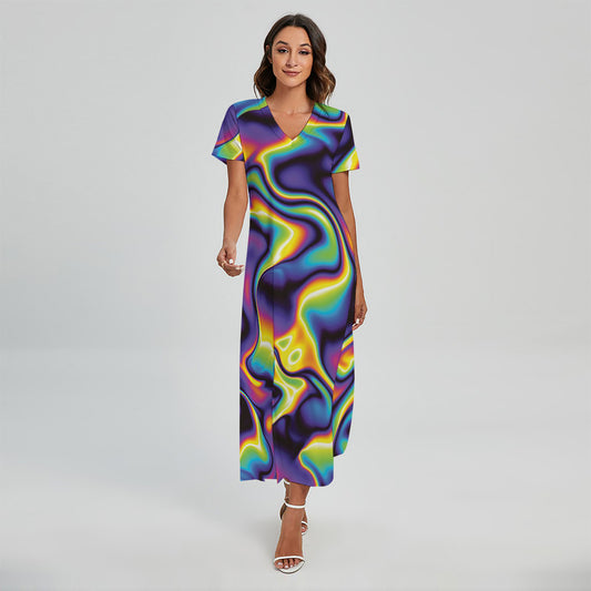 Psychedelic Wavy Print Short Sleeve Maxi Dress