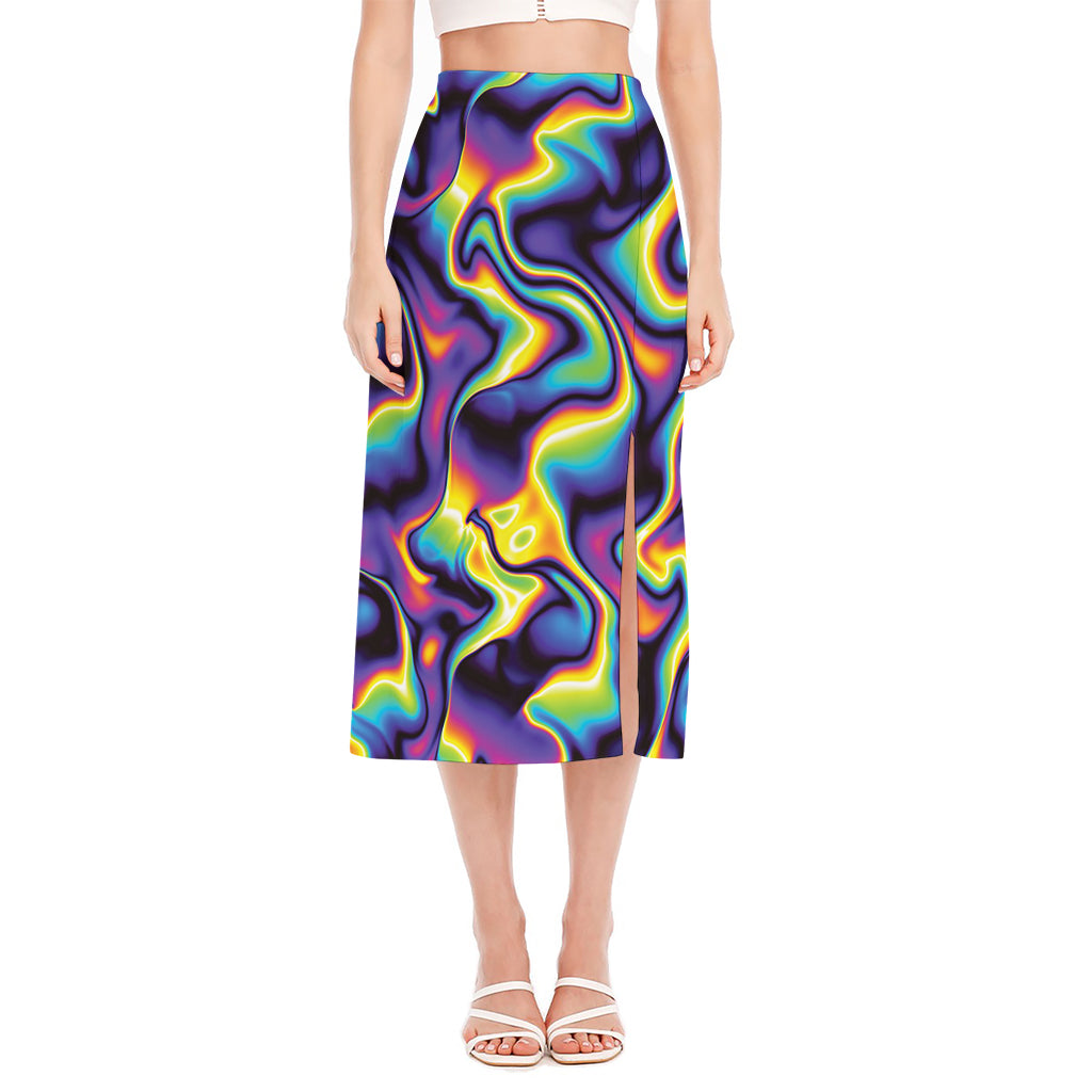 Psychedelic Wavy Print Side Slit Midi Skirt