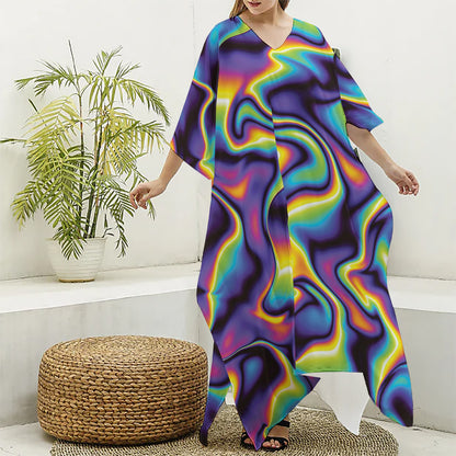 Psychedelic Wavy Print Silk V-Neck Kaftan Dress