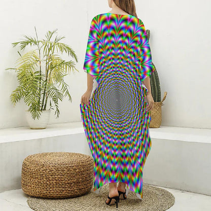 Psychedelic Web Optical Illusion Silk V-Neck Kaftan Dress