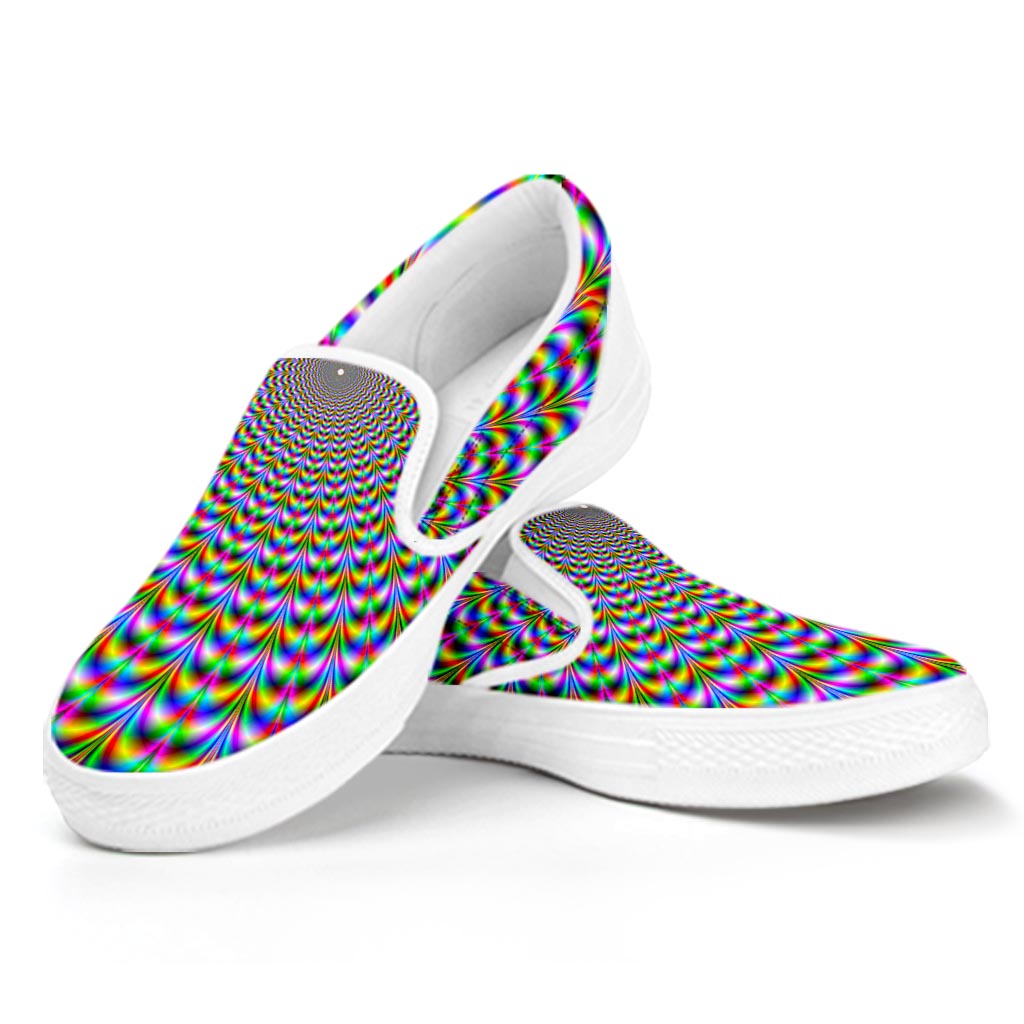 Psychedelic Web Optical Illusion White Slip On Sneakers