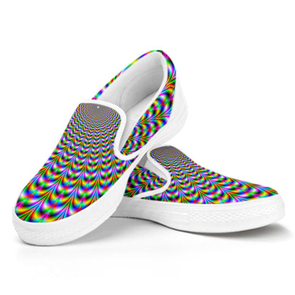 Psychedelic Web Optical Illusion White Slip On Sneakers