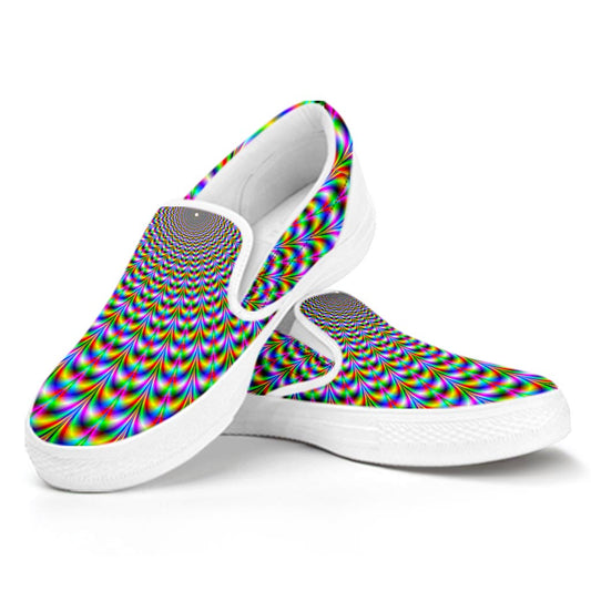 Psychedelic Web Optical Illusion White Slip On Sneakers