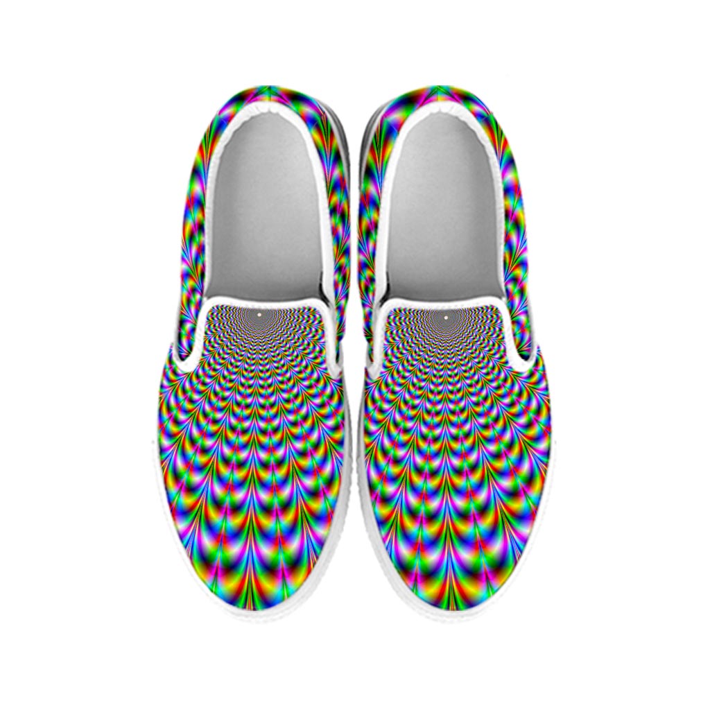 Psychedelic Web Optical Illusion White Slip On Sneakers