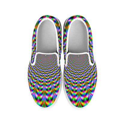 Psychedelic Web Optical Illusion White Slip On Sneakers