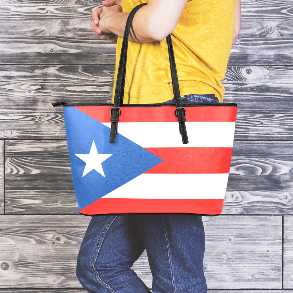 Puerto Rican Flag Print Leather Tote Bag