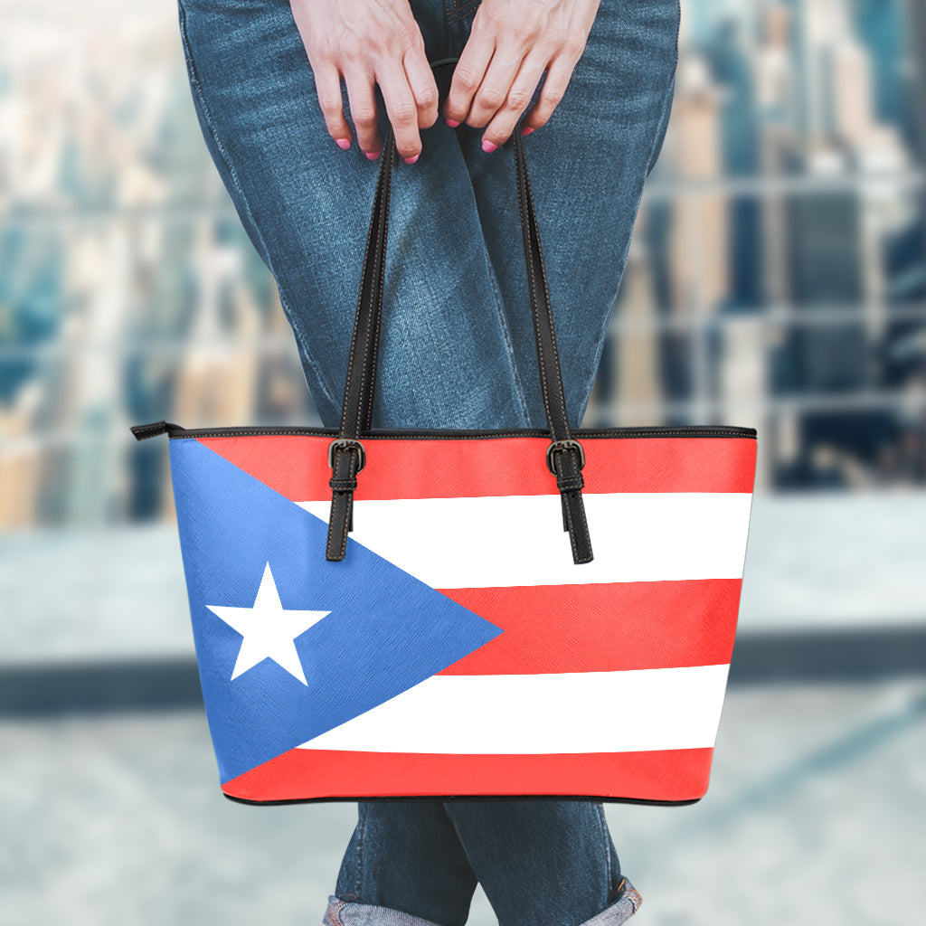 Puerto Rican Flag Print Leather Tote Bag
