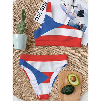 Puerto Rican Flag Print One Shoulder Bikini Top