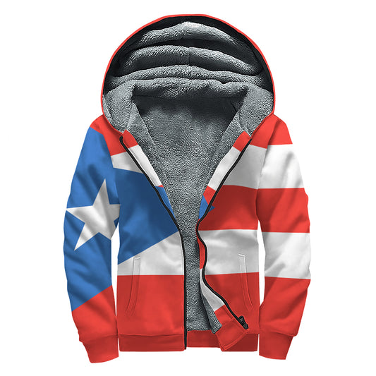 Puerto Rican Flag Print Sherpa Lined Zip Up Hoodie