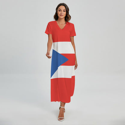 Puerto Rican Flag Print Short Sleeve Maxi Dress